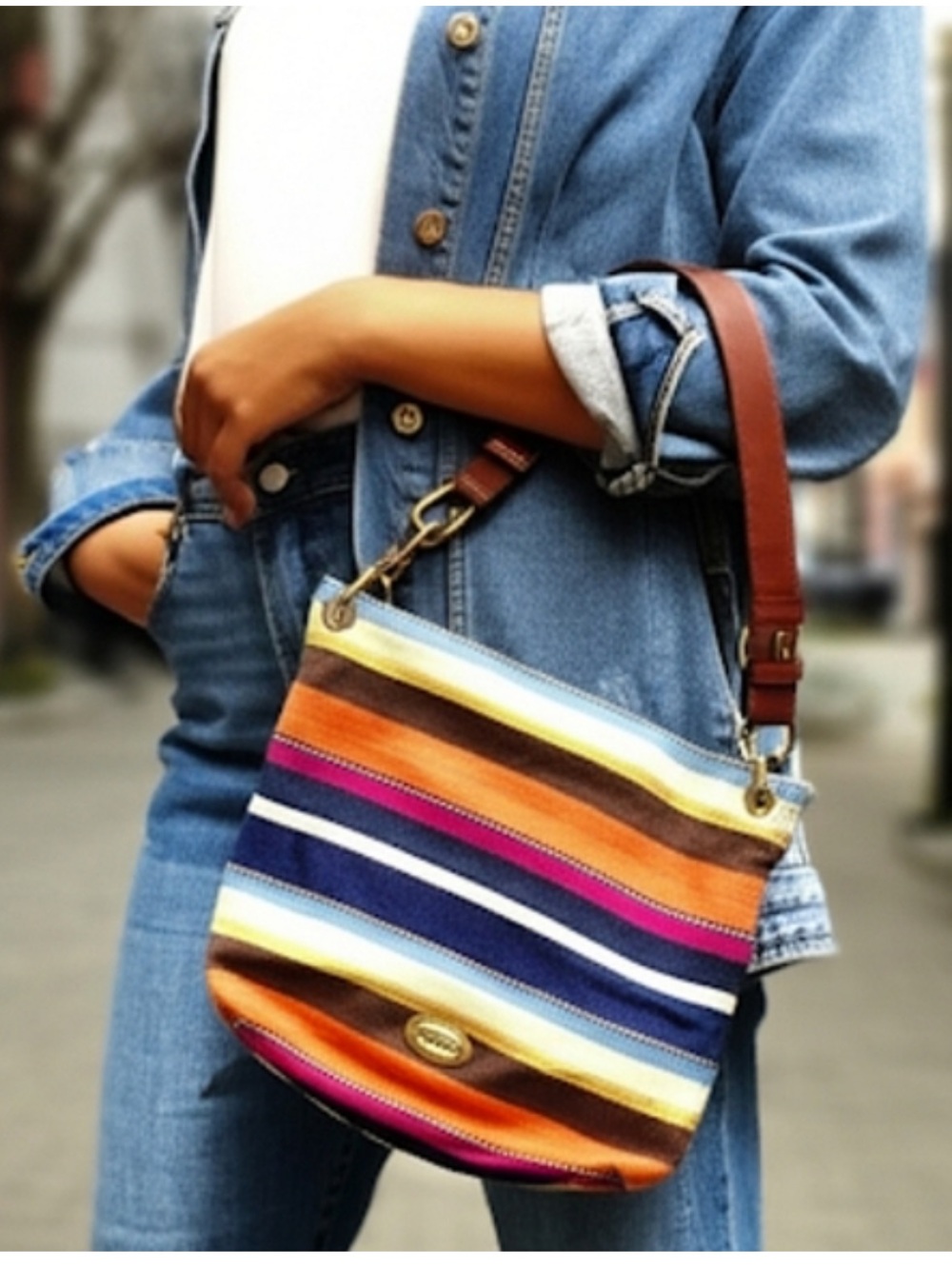 Fossil Vintage Multi Striped Canvas Leather Strap Crossbody or Shoulder bag